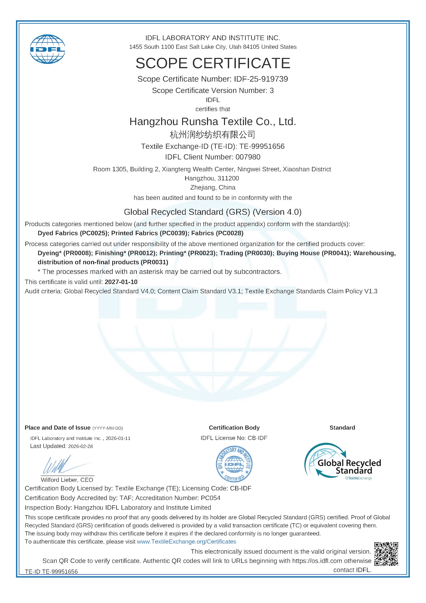 Global Recycled Standard Scope Certificate