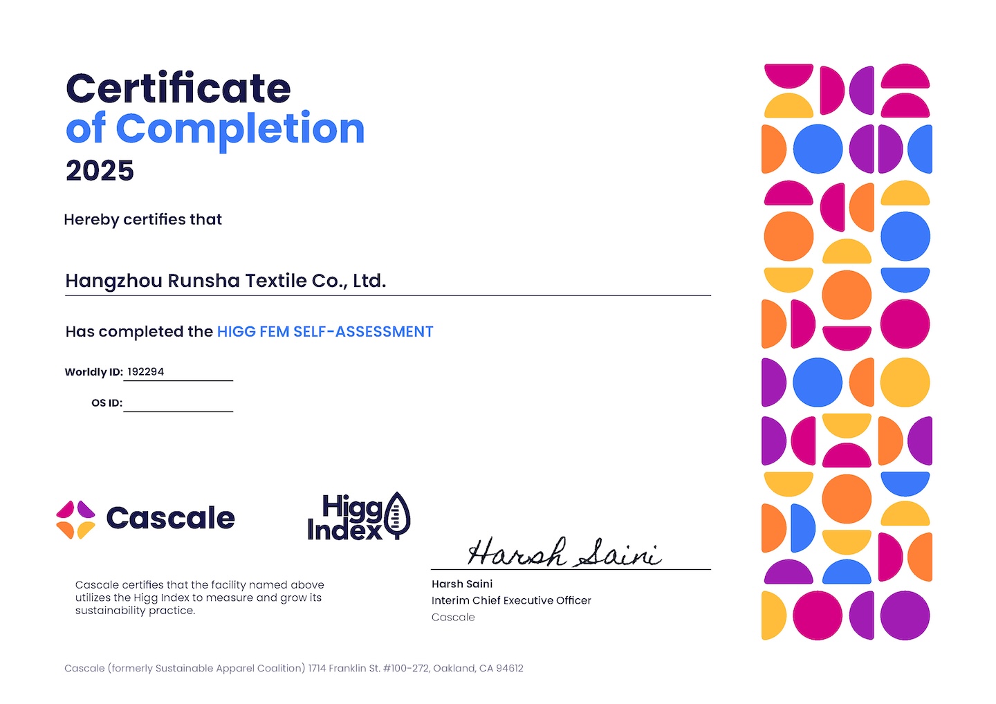 Higg FEM Self-Assessment Certificate of Completion